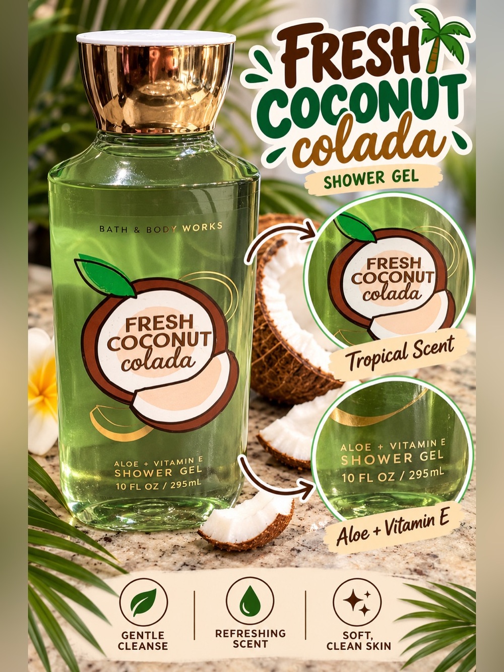 Bath & Body Works Fresh Coconut Colada Shower Gel - Green & Gold
